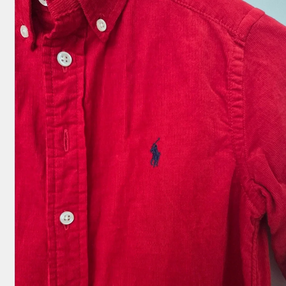 Ralph Lauren Kids Red Corduroy Button Down Shirt Elbow Patches Size 8 S/P